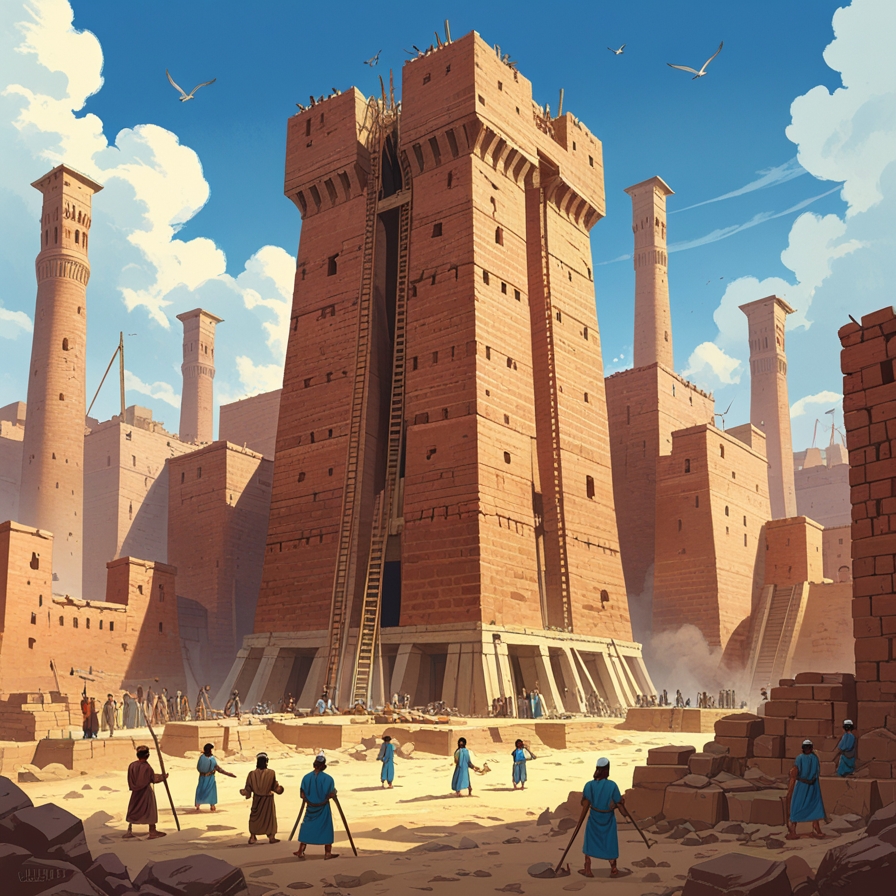 하늘에 닿는 탑을 쌓기 위해 벽돌로 거대한 구조물을 세우는 바벨탑 건설 장면