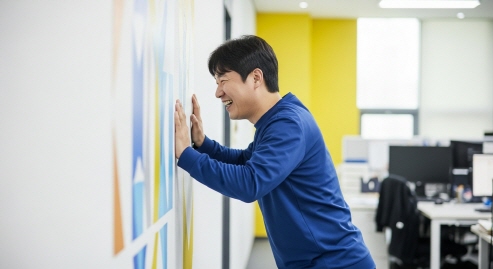 벽에 기대어 푸쉬업하는 남성 직장인