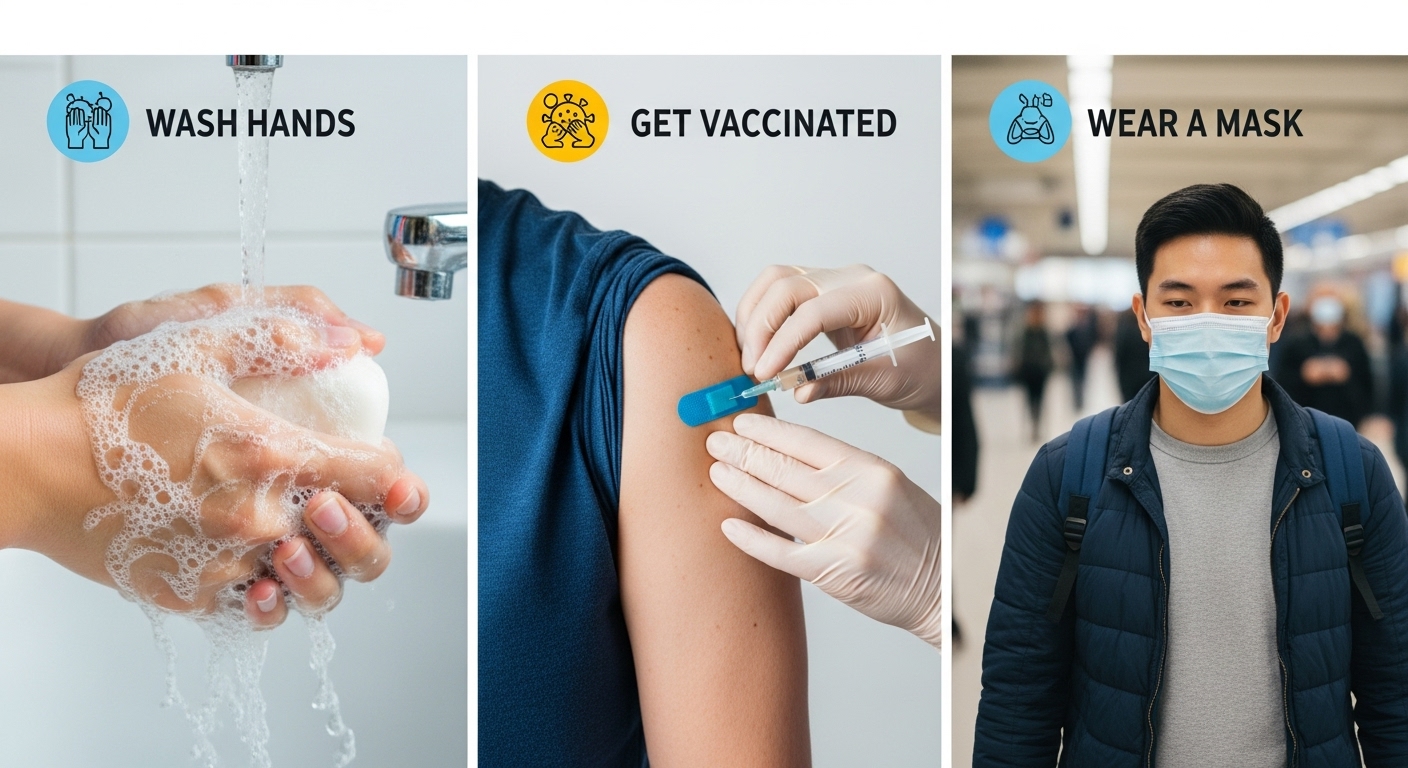 독감과 감기 예방을 위한 손 씻기, 예방접종, 위생수칙 이미지