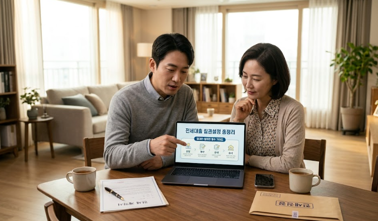 전세대출 질권설정에 대해 논의하는 동양인 40대 부부