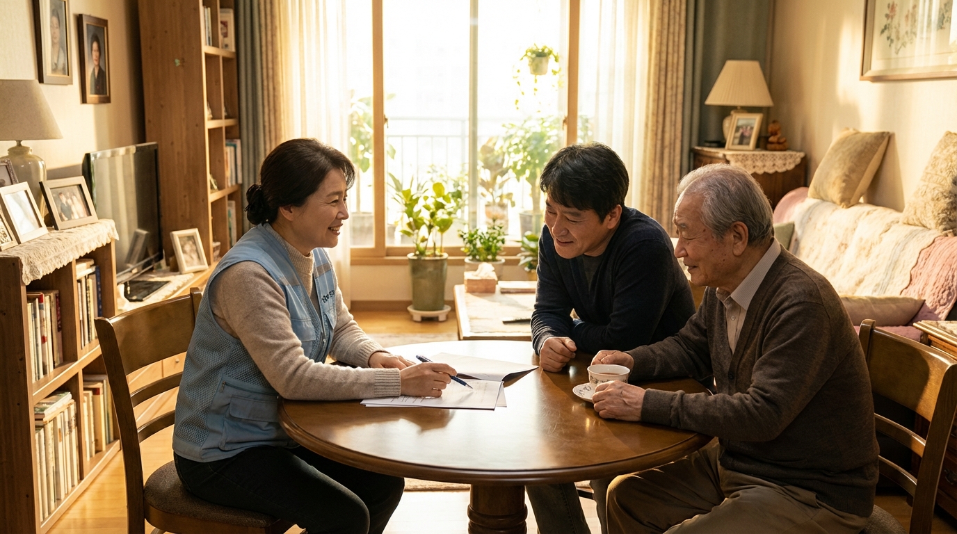 거실에서 사회복지사가 방문요양 서비스 혜택과 신청 서류를 가족에게 상세히 설명하고 있는 모습