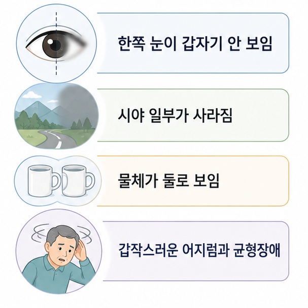 갑작스러운 시야장애와 물체가 둘로 보이는 증상, 심한 어지럼과 균형장애도 뇌졸중에서 나타날 수 있음을 보여 주는 그림