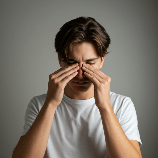 눈이 아파서 눈을 감고 주변을 만지고 있는 젊은 남성의 모습