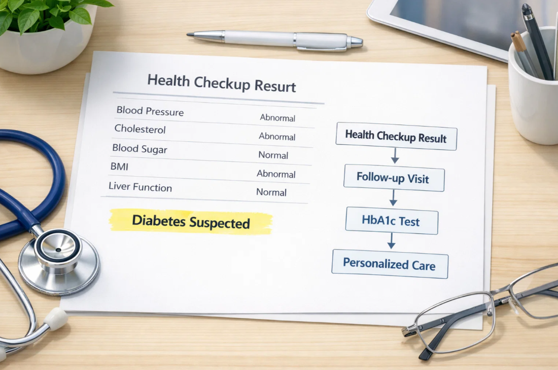 건강검진 결과지에서 당뇨 의심 판정이 표시된 모습