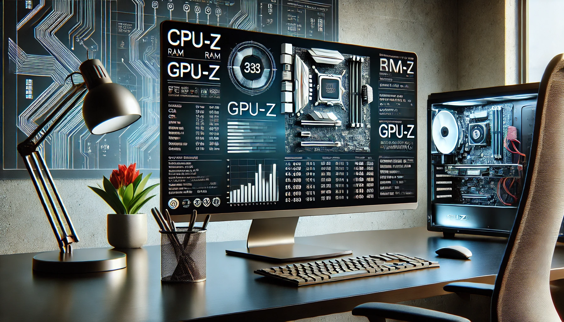 CPU, RAM, GPU 정보를 표시하는 컴퓨터 화면, CPU-Z 및 GPU-Z 실행 화면, 현대적인 작업 공간, 시스템 진단을 강조하는 기술적 배경 요소.