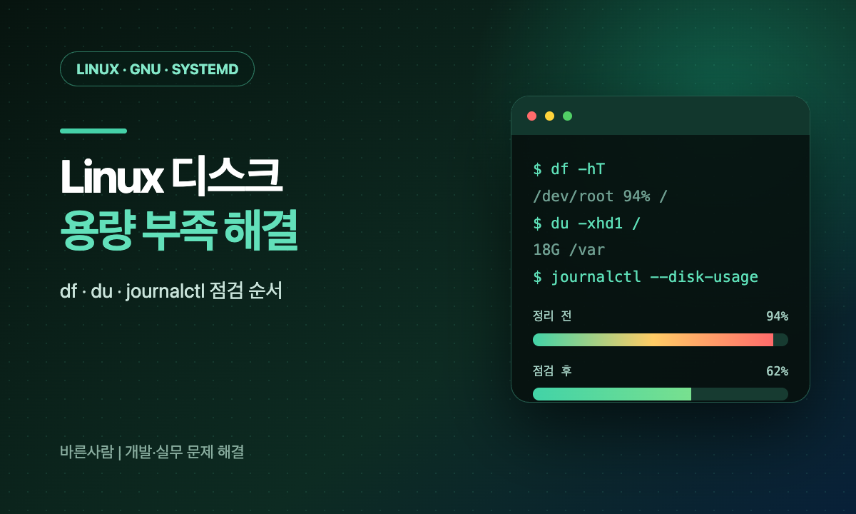 Linux 디스크 용량 부족을 df·du·journalctl 명령으로 점검하고 정리하는 순서 안내