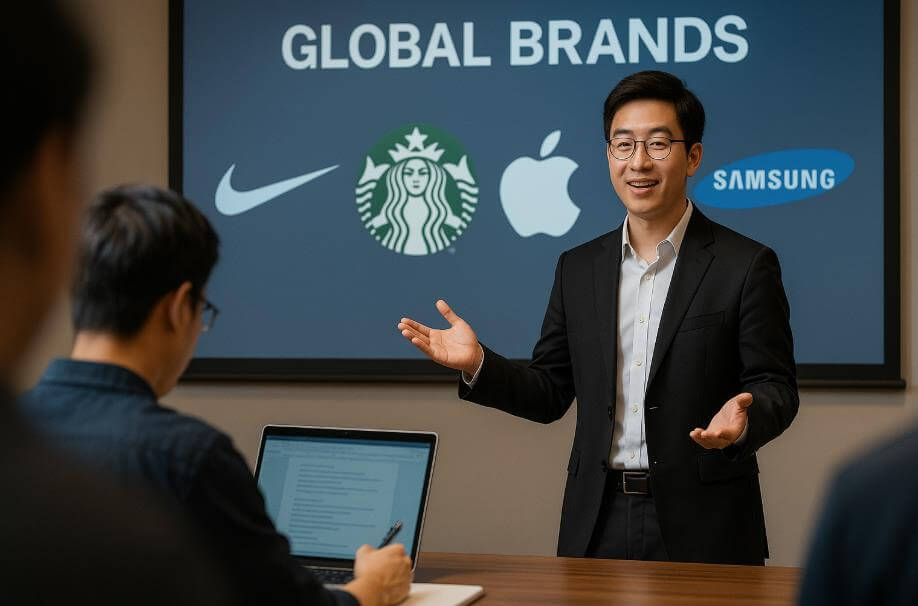 글로벌 브랜드 로고를 설명하는 마케터 발표 장면