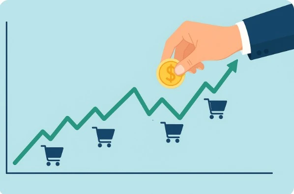 일정 간격으로 투자하는 손이 상승과 조정을 반복하는 주가 차트 위에 동전을 떨어뜨리는 장면