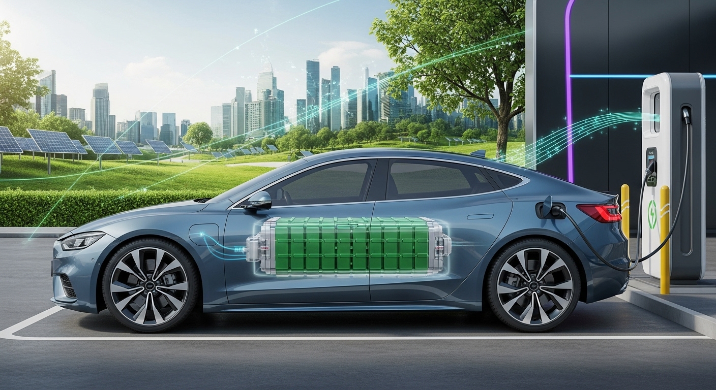 푸른 회색의 최첨단 전기차가 현대적인 충전소에서 충전 중인 모습. 투명한 차체 아래로 배터리 팩이 보이며, 배경에는 친환경 도시 풍경이 펼쳐져 미래지향적인 전기차 구매 경험을 시사합니다.