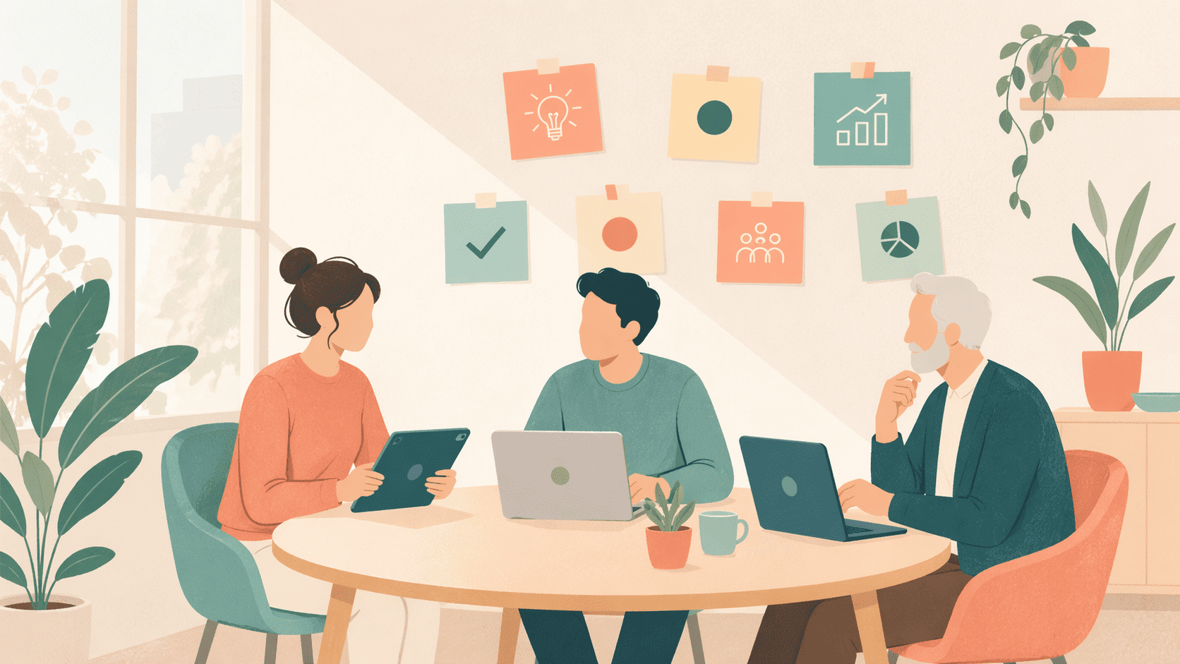 30대 직장인과 Z세대 후배가 함께 협업 미팅을 진행하며 세대 차이를 시너지로 바꾸는 일러스트