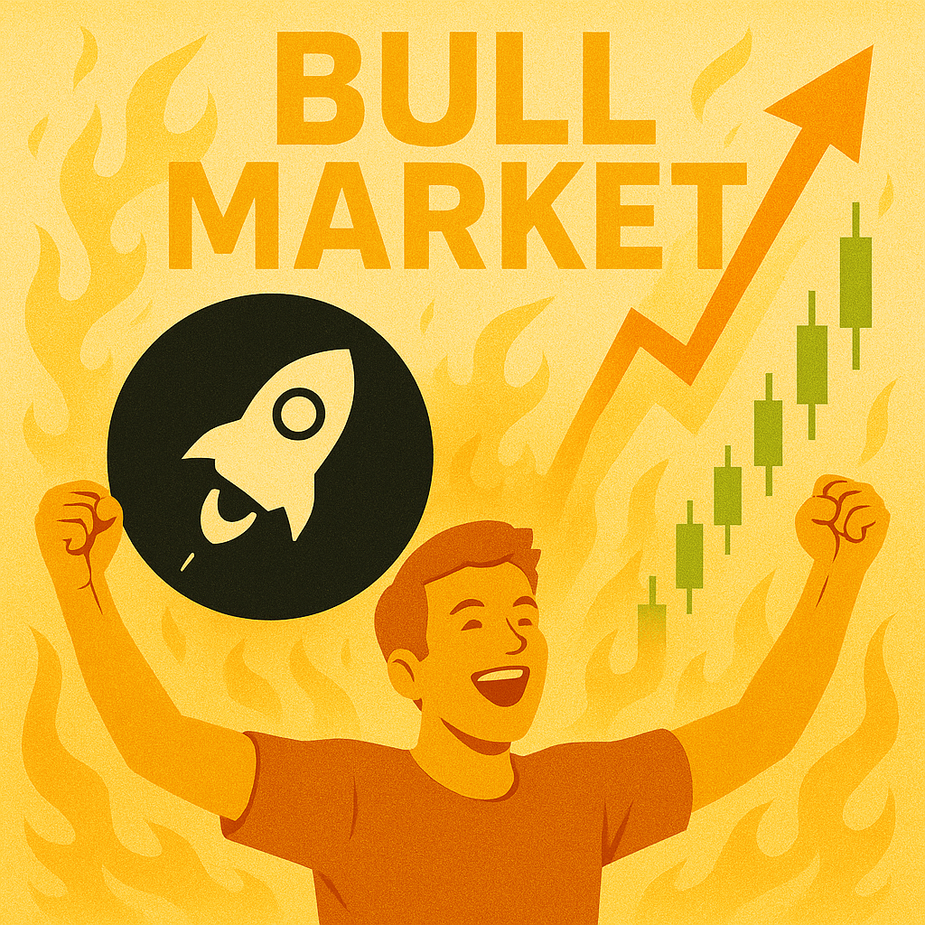 XLM crypto bull run image with candlestick chart, excited trader, and Stellar logo surrounded by bright flames