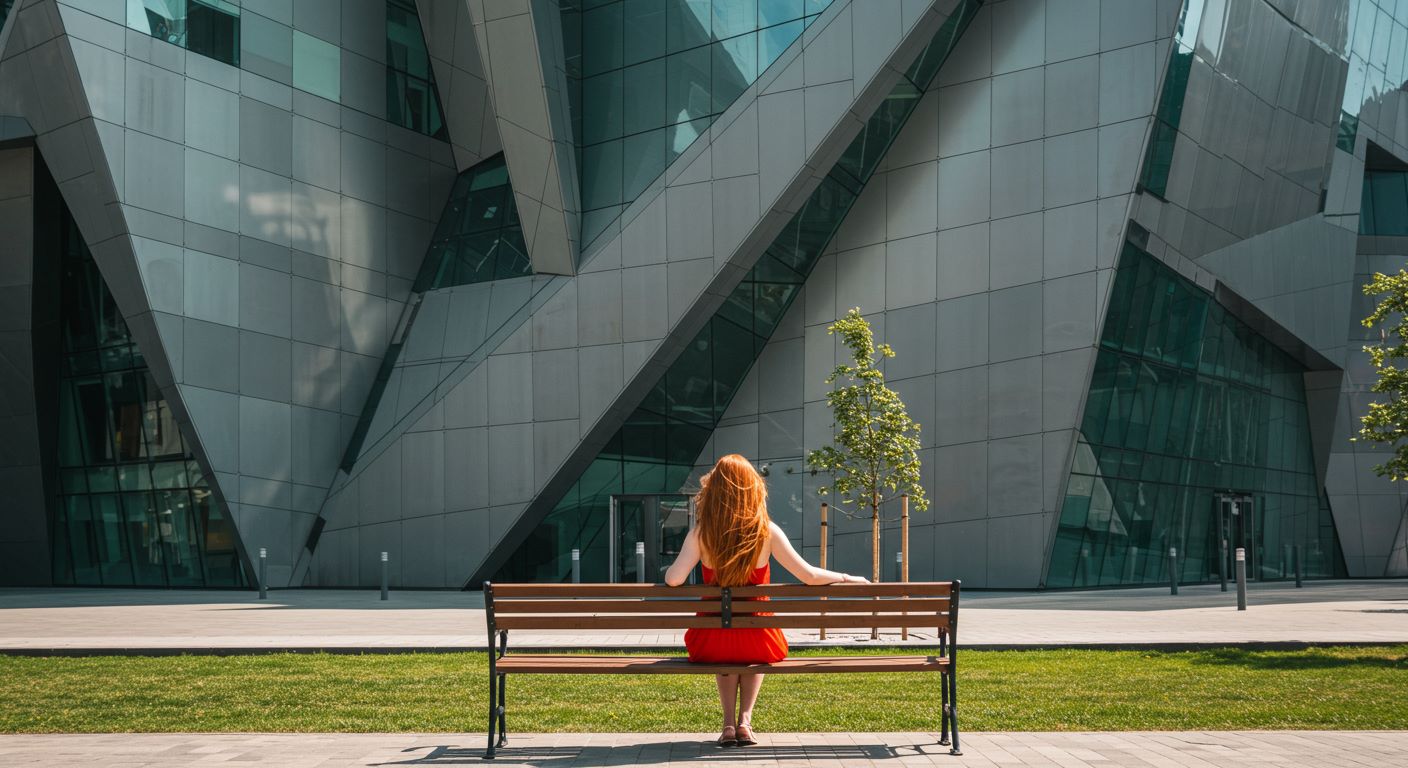 건물 앞 인도에 있는 벤치에 앉아 있는 모습