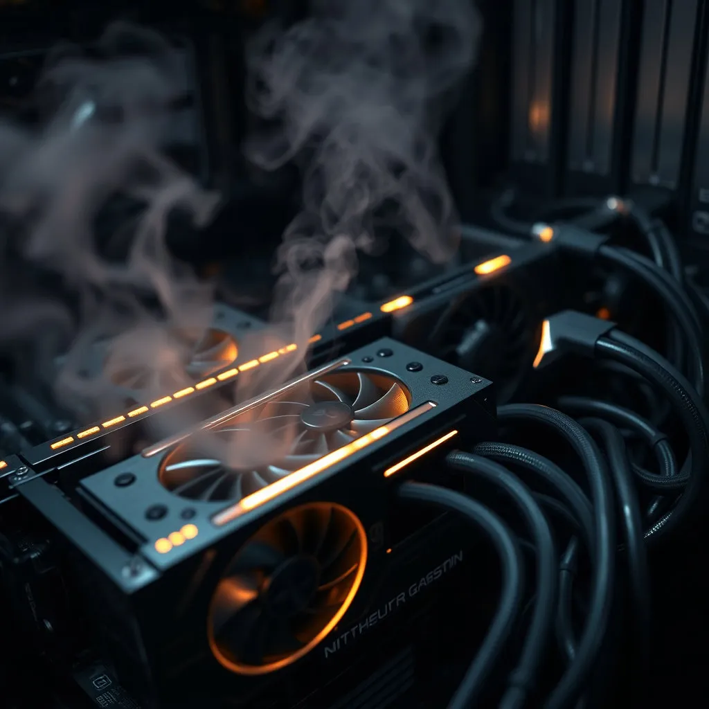 여러 대의 그래픽 카드(GPU)가 장착된 채굴기가 작동하는 모습을 클로즈업합니다. 기기에서 나오는 열기나 빛을 효과적으로 표현하여 역동성을 더하고, 복잡한 전선들이 질서정연하게 연결된 모습을 통해 기술적인 면모를 강조합니다. 미래지향적이거나 공장 같은 분위기를 연출하여 대규모 채굴의 느낌을 줄 수도 있습니다.