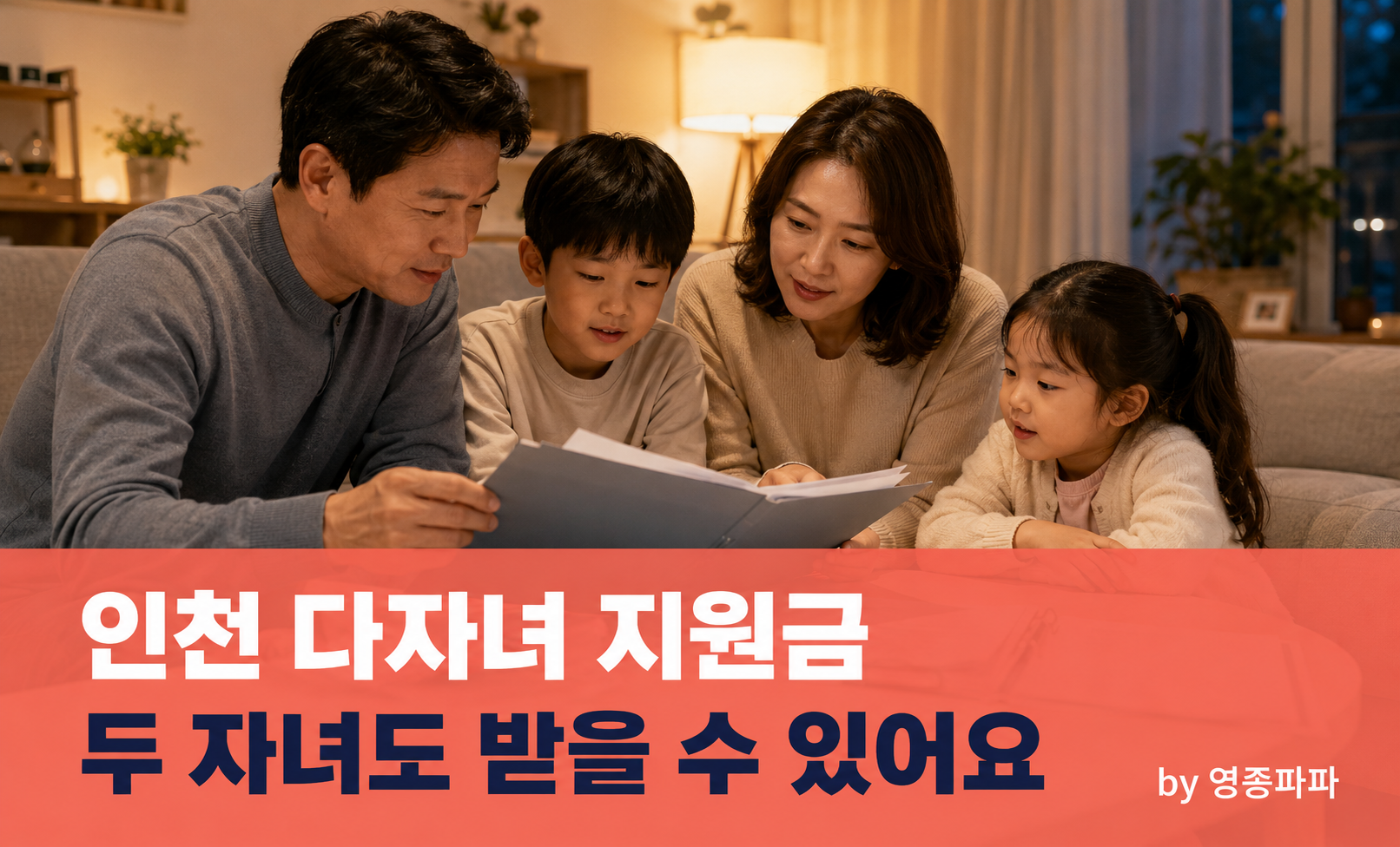 거실에서 서류 보는 부모와 두 아이