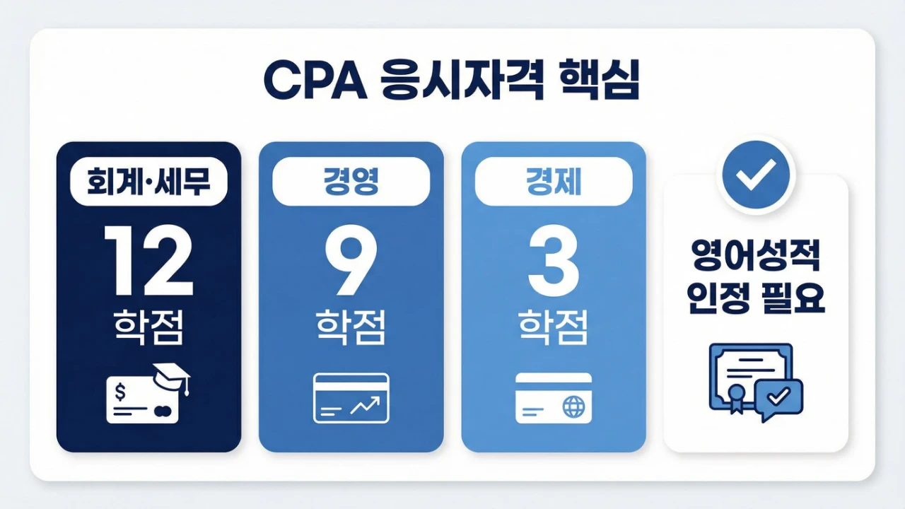 공인회계사 응시자격의 핵심인 회계 세무 12학점, 경영 9학점, 경제 3학점과 영어성적 인정 필요를 정리한 이미지