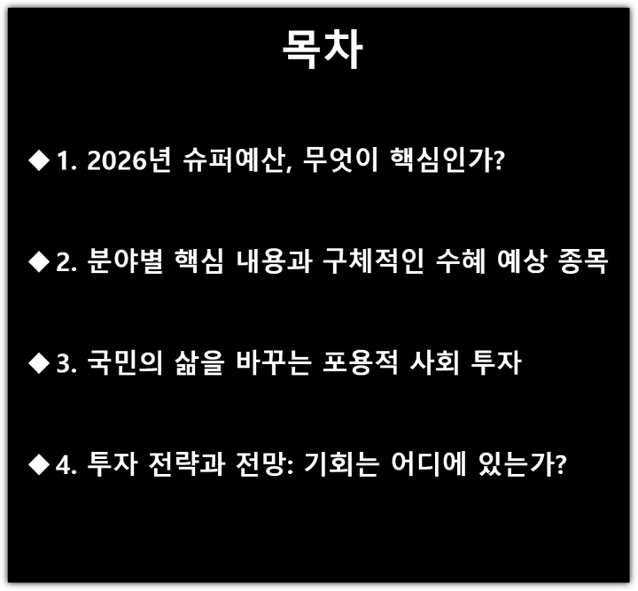 2026년 슈퍼예산, 내용, 지원 대상, 금액, 항목 총정리, 관련주, 수혜주 목차