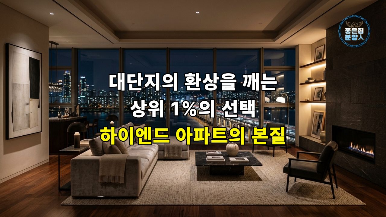 모던하고 고급스러운 인테리어의 거실 창밖으로 도시의 아름다운 밤 풍경이 펼쳐지는 모습