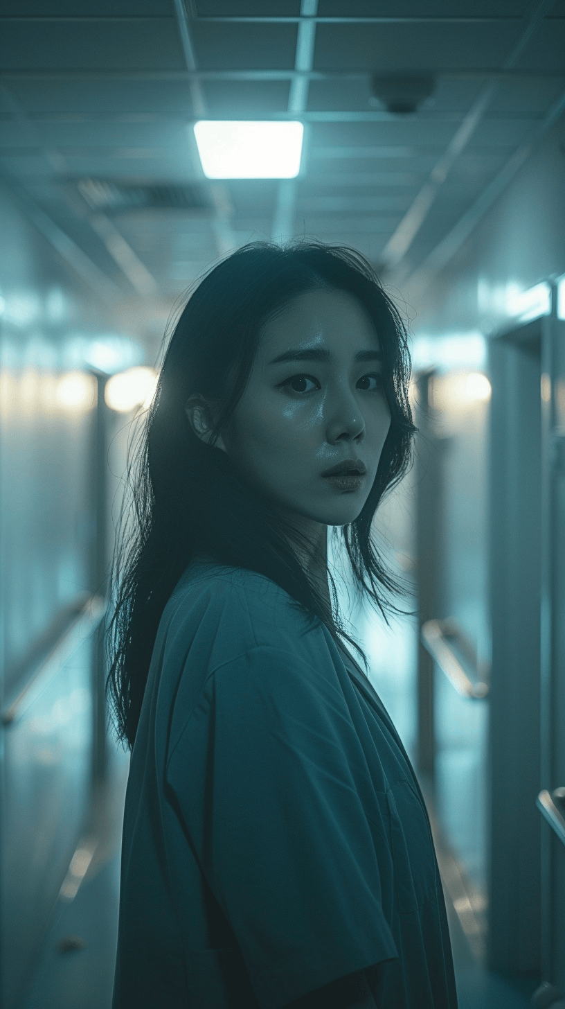 복도에-서-있는-수술-가운을-입은-무표정의-여자