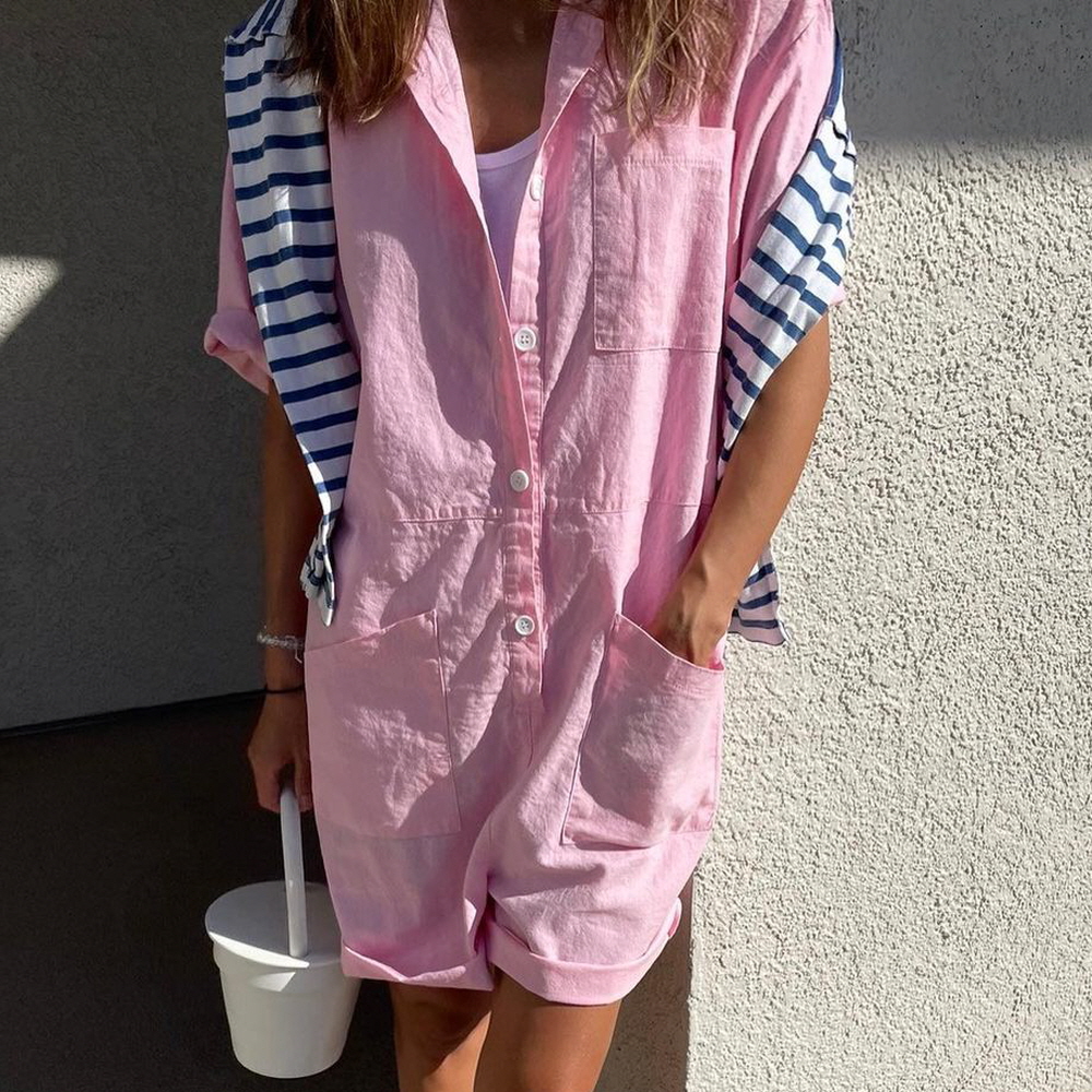 루즈핏 셔츠 반팔 반바지 점프수트 핑크 여름 코린 여자 오버롤