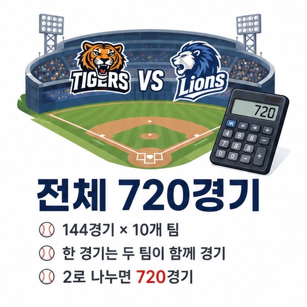 팀당 144경기에 10개 구단을 곱한 뒤 한 경기에 두 팀이 참가하므로 2로 나누어 리그 전체 720경기가 되는 계산을 표현한 이미지