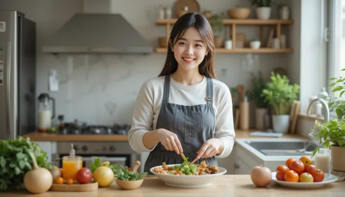 면역력 식단 관리를 위해 신선한 채소와 과일을 준비하는 여성