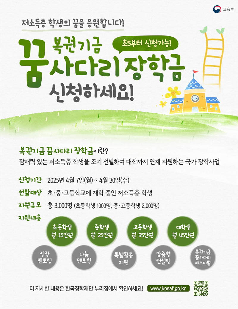 복권기금 꿈사다리 장학금 신청 방법 사용처 최대 45만원 지원