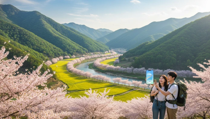 2026년 봄, 아름다운 한국의 인구감소지역에서 여행 경비의 절반을 지역화폐로 환급받으며 즐거운 시간을 보내는 여행객들의 모습