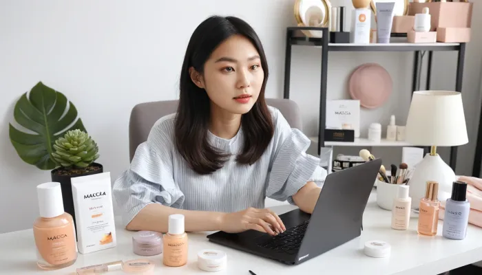 뷰티 블로거가 실제 사용 후 후기를 정리하고 있는 장면