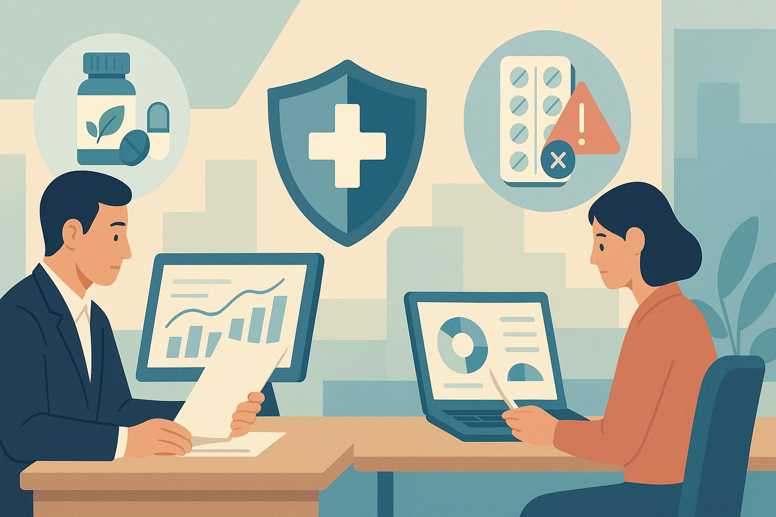 수험생 영양제 부당광고와 ADHD 치료제 불법유통 단속을 상징하듯, 사무실에서 두 전문가가 건강기능식품 관련 자료와 그래프를 검토하고 중앙에는 안전을 의미하는 방패 아이콘과 의약품 경고 표시가 배치된 일러스트 배너 이미지로, 식약처 특별점검과 온라인 불법광고 규제·컴플라이언스의 중요성을 차분하게 표현한 장면.