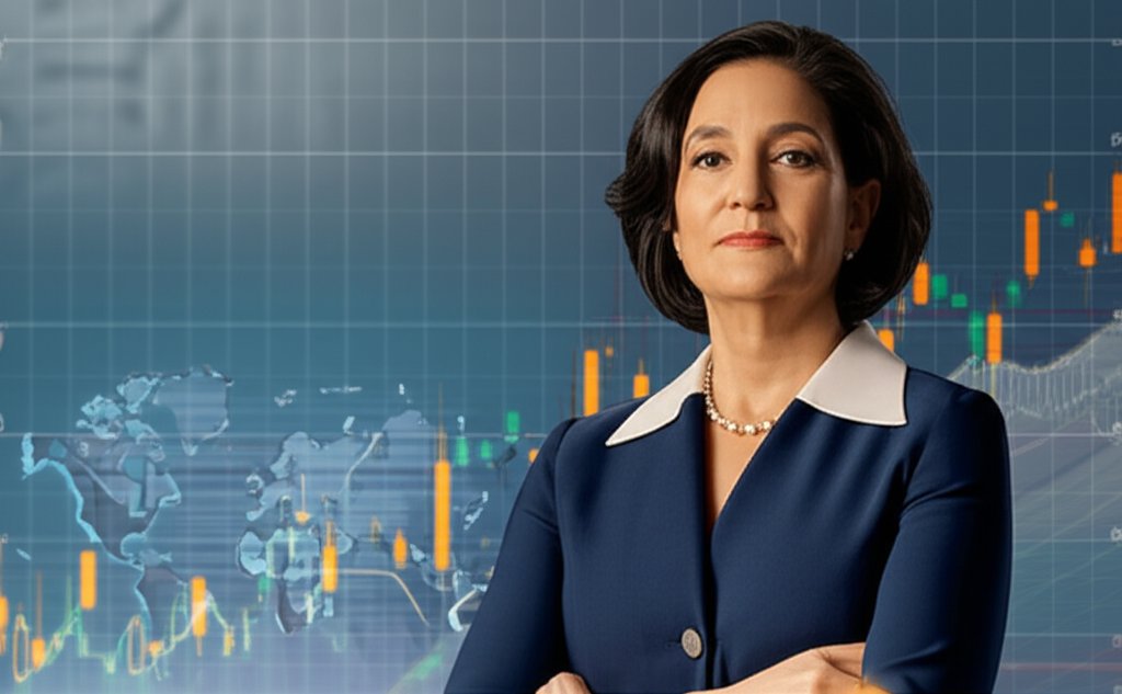 RBA 총재 미셸 불록의 전문적 모습과 경제 위험을 담은 시네마틱 히어로 이미지