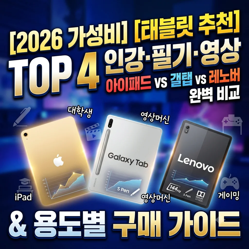 2026 가성비 태블릿 추천 TOP 4 갤럭시 탭 S9 FE 아이패드 10세대 레노버 샤오신패드 Y700 비교