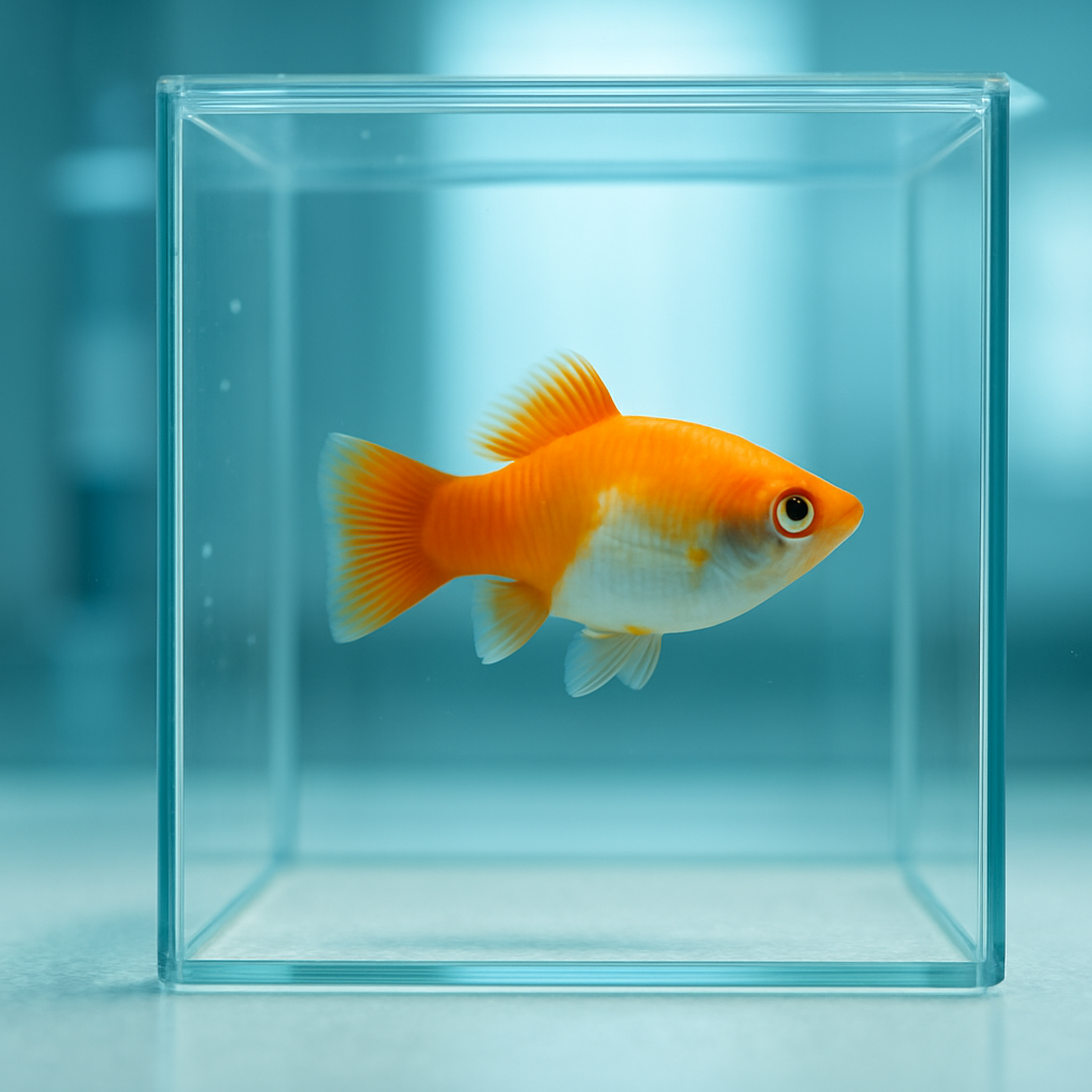 투명한 유리 격리 수조 안에 홀로 격리되어 있는 주황색과 흰색의 열대어 모습