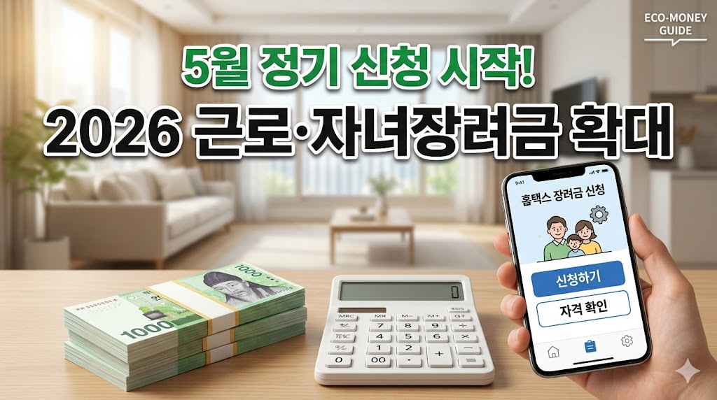 2026년 상반기 근로장려금 및 자녀장려금 신청 안내와 지폐 뭉치, 계산기 이미지