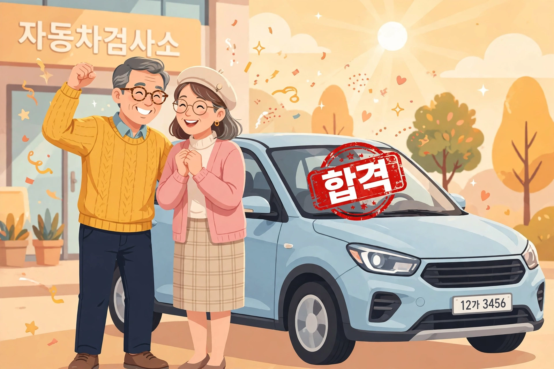 정기검사 합격 후 기뻐하는 50대 부부 운전자