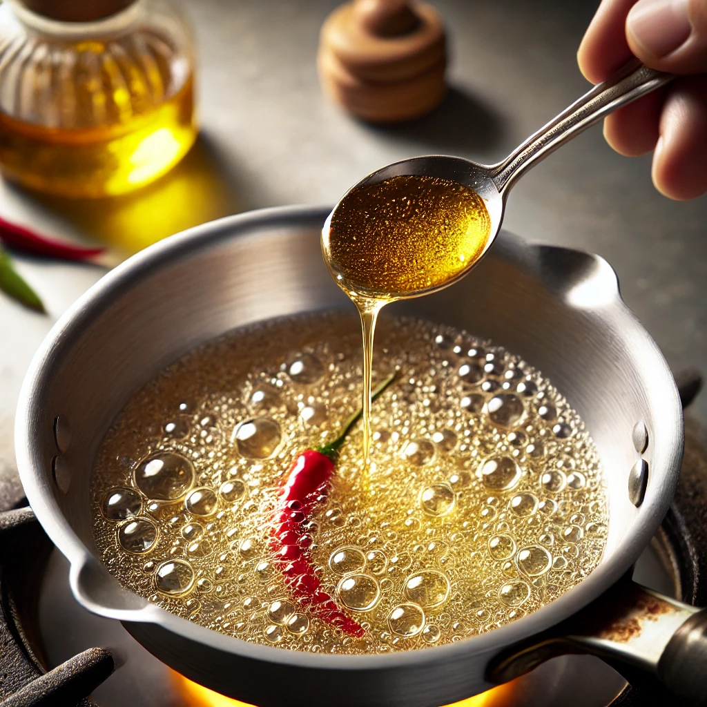 1️⃣ 기름 준비하기
✔ 팬에 식용유 5큰술을 넣고 중약불에서 살짝 데워주세요.
✔ 뜨겁게 끓이지 않고, 약간 따뜻해질 정도면 충분해요.