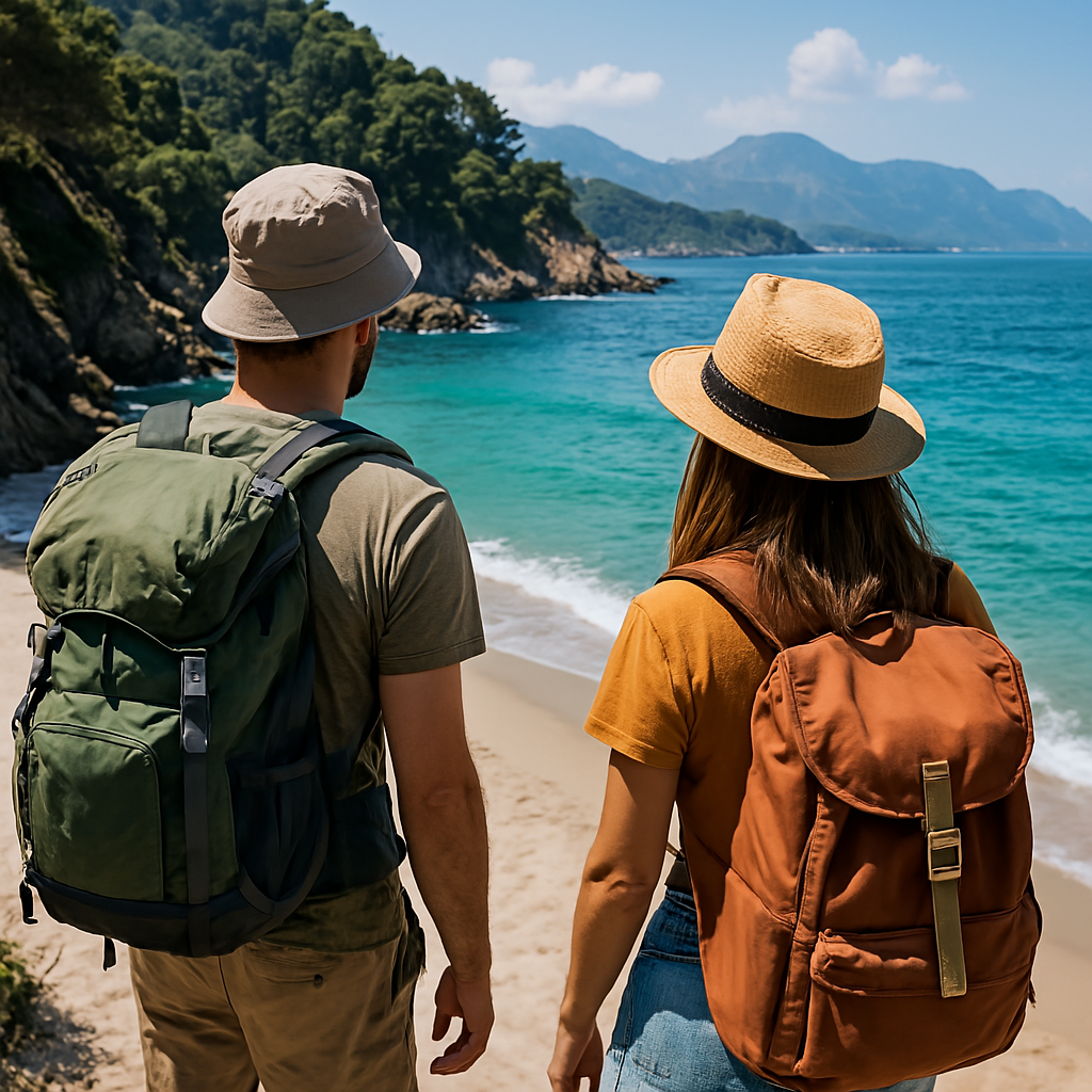 남녀가 베낭을 메고 해안을 여행하는 사진