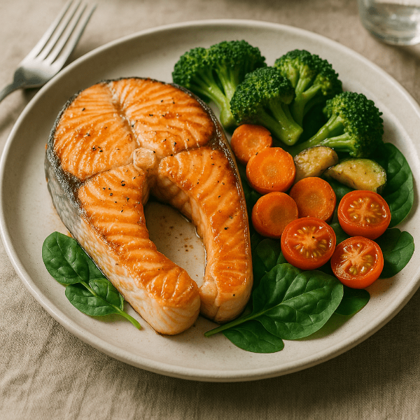 구운 연어와 채소가 담긴 건강식