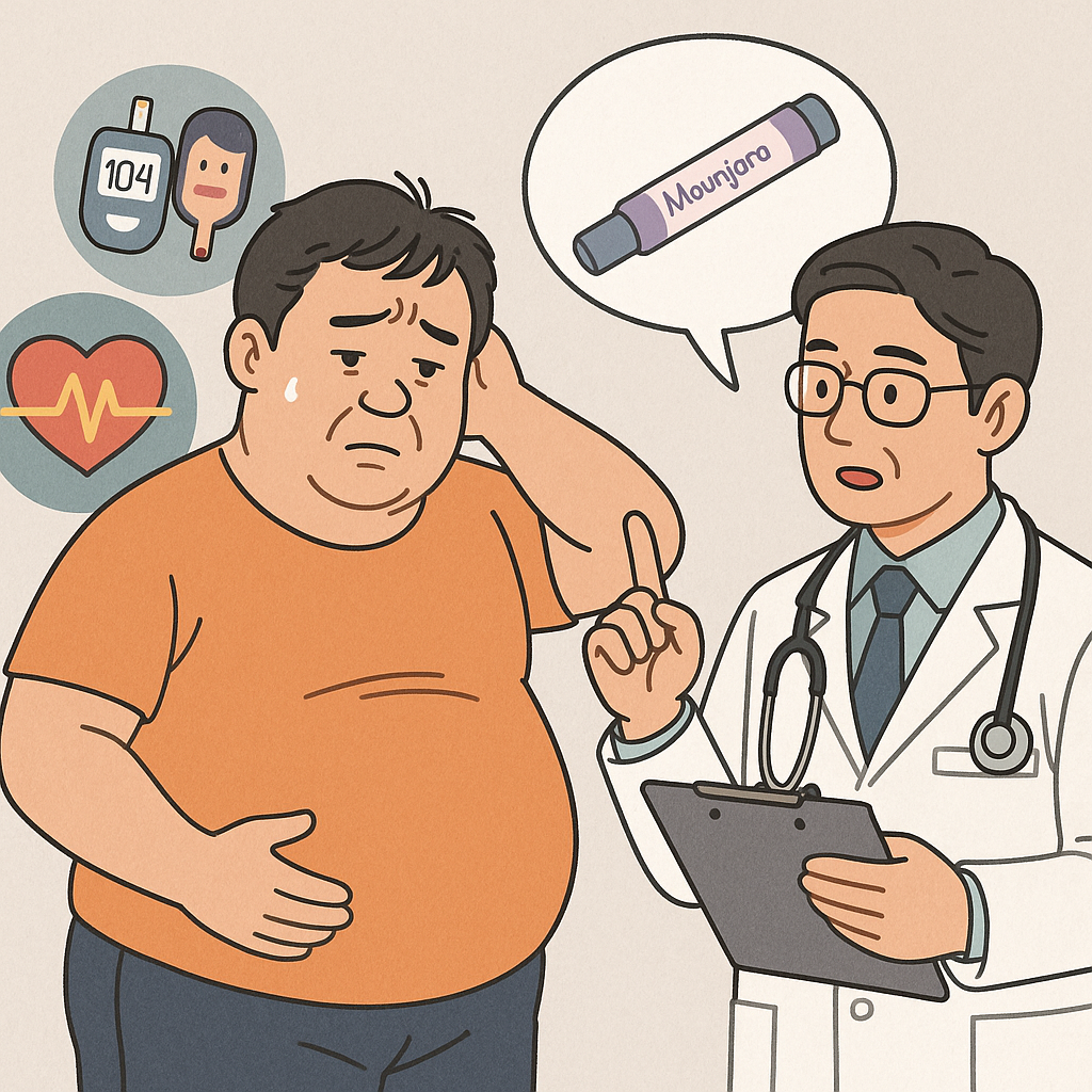 전문가(의사)의 상담 및 처방이 필요한 마운자로를 표현한 일러스트. 환자의 혈압, 혈당을 표현하는 그래픽이 추가되어있고 의사는 마운자로에 대하여 이야기 하고 있다.