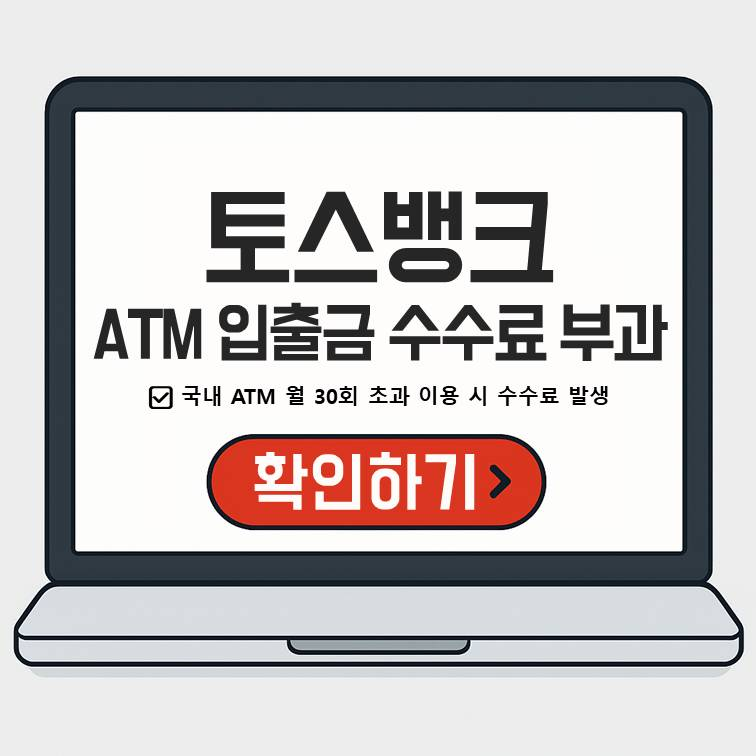 토스뱅크 ATM 입출금 수수료 부과 안내를 알리는 그래픽 이미지 &ndash; 노트북 화면에 '국내 ATM 월 30회 초과 이용 시 수수료 발생' 문구와 빨간색 확인하기 버튼이 강조된 디자인