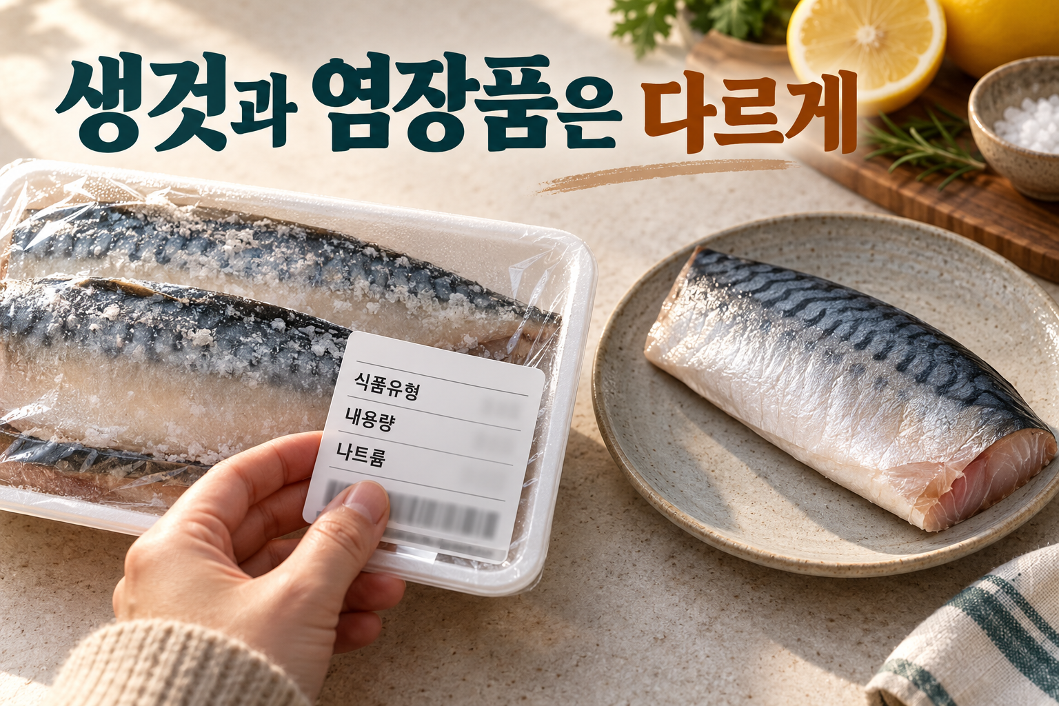 생것 고등어와 염장 포장 제품의 표시를 따로 살피는 장면.