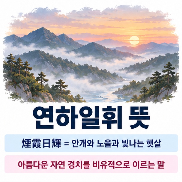 연하일휘 뜻과 한자 煙霞日輝 안개 노을 햇살 아름다운 자연 경치를 보여주는 한자 학습 이미지