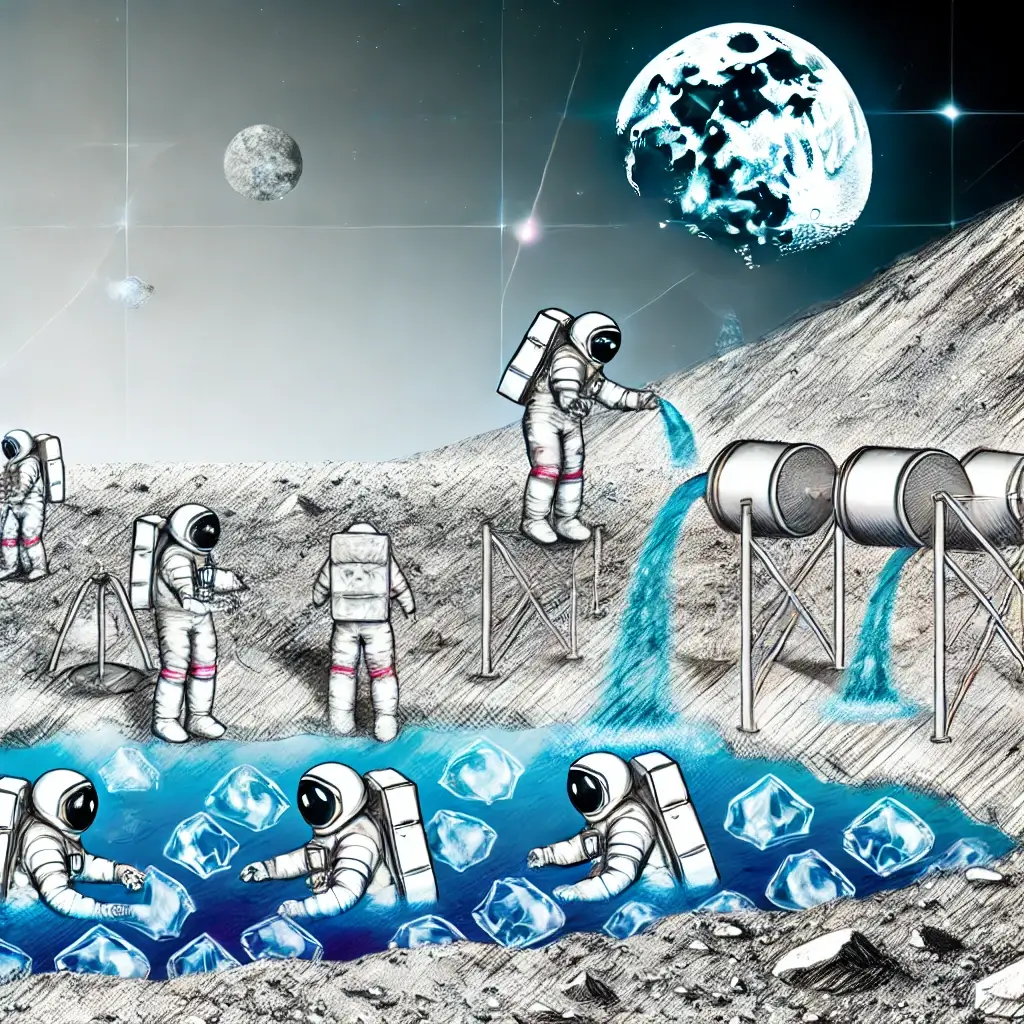 달에서 우주복을 입고 물과 관련된 작업을 하는 사람들의 모습 뒤로는 지구가 보인다
