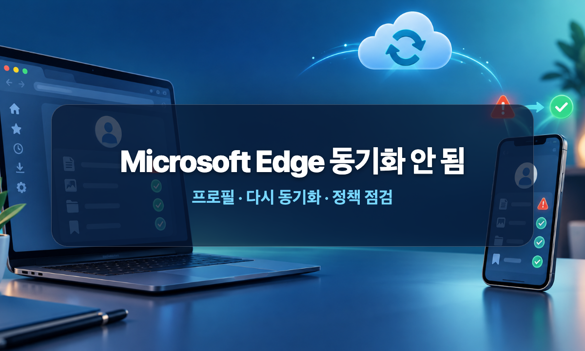 Microsoft Edge 동기화 오류를 프로필, 다시 동기화, 정책 점검으로 해결하는 방법을 나타낸 3D 일러스트