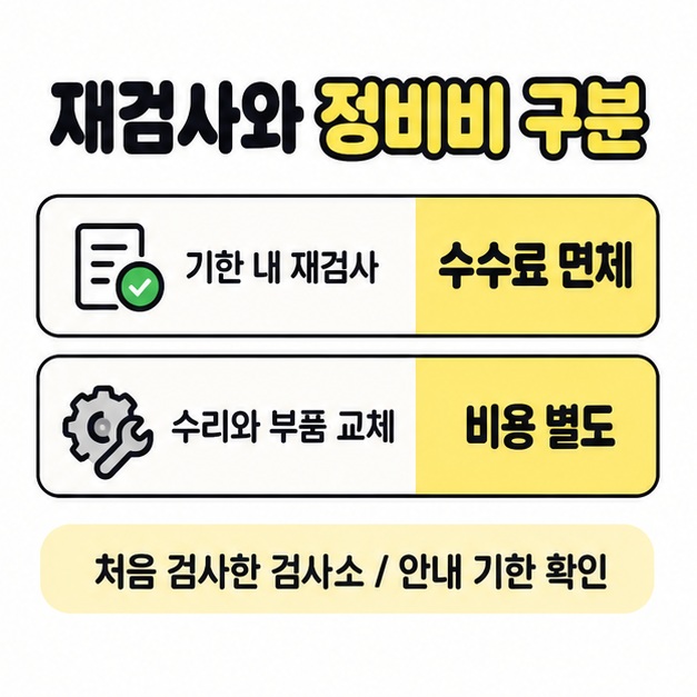 기한 내 재검사의 수수료 면제와 수리 및 부품 교체의 별도 비용을 비교하고 처음 검사한 검사소와 안내 기한을 확인하도록 한 그림.