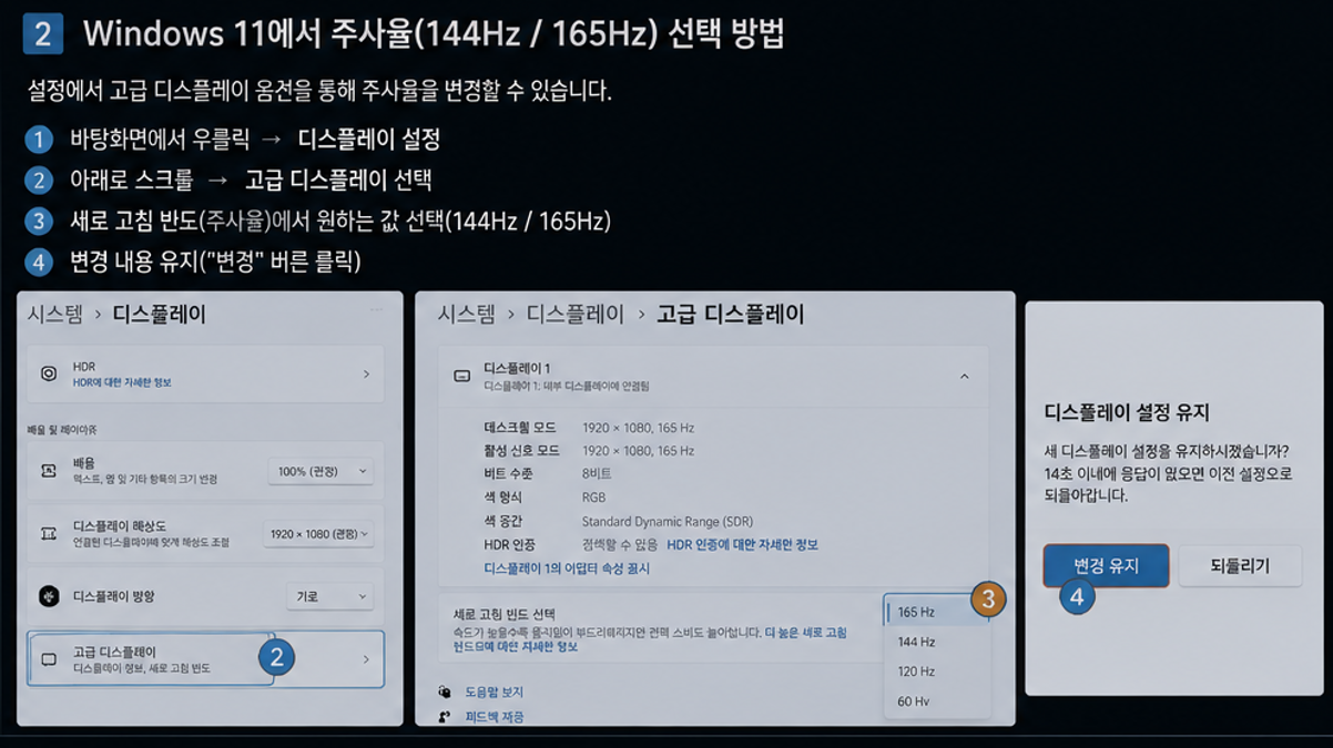 Windows 11 고급 디스플레이에서 144Hz와 165Hz를 선택하는 방법