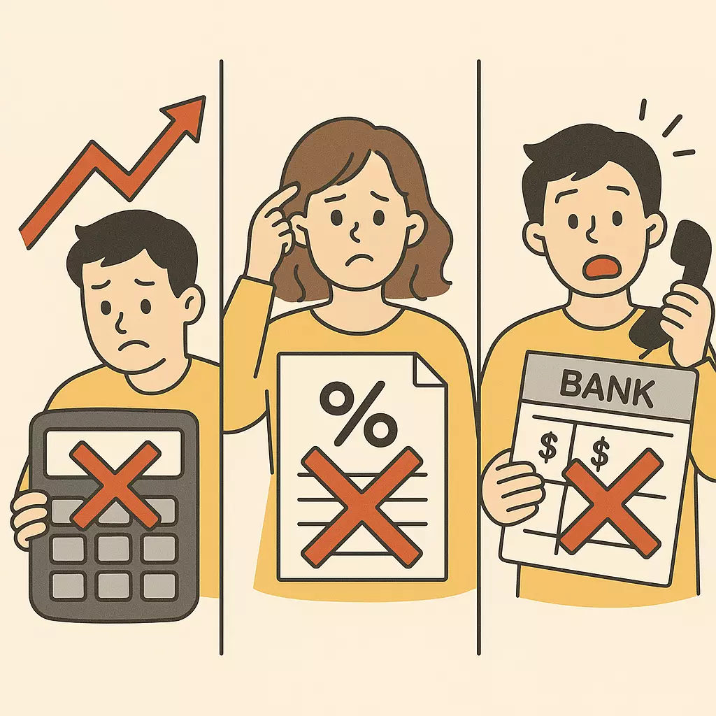 적금 계산기, 금리, 은행 상품 선택에서 고민하는 20대 직장인들의 어려움을 묘사한 삽화