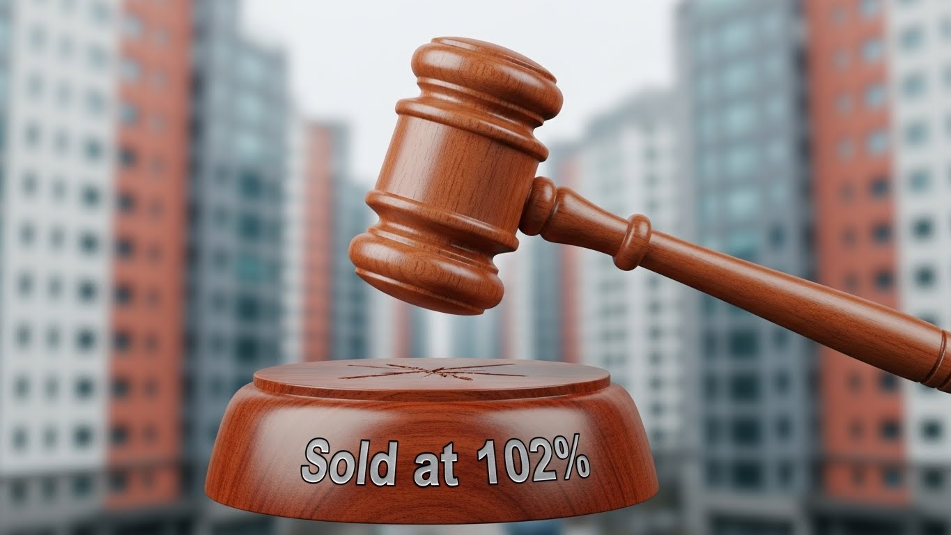 A gavel hitting a sound block with the text 'Sold at 102%', background showing a blurred Seoul apartment complex, Terracotta and Light Gray theme.