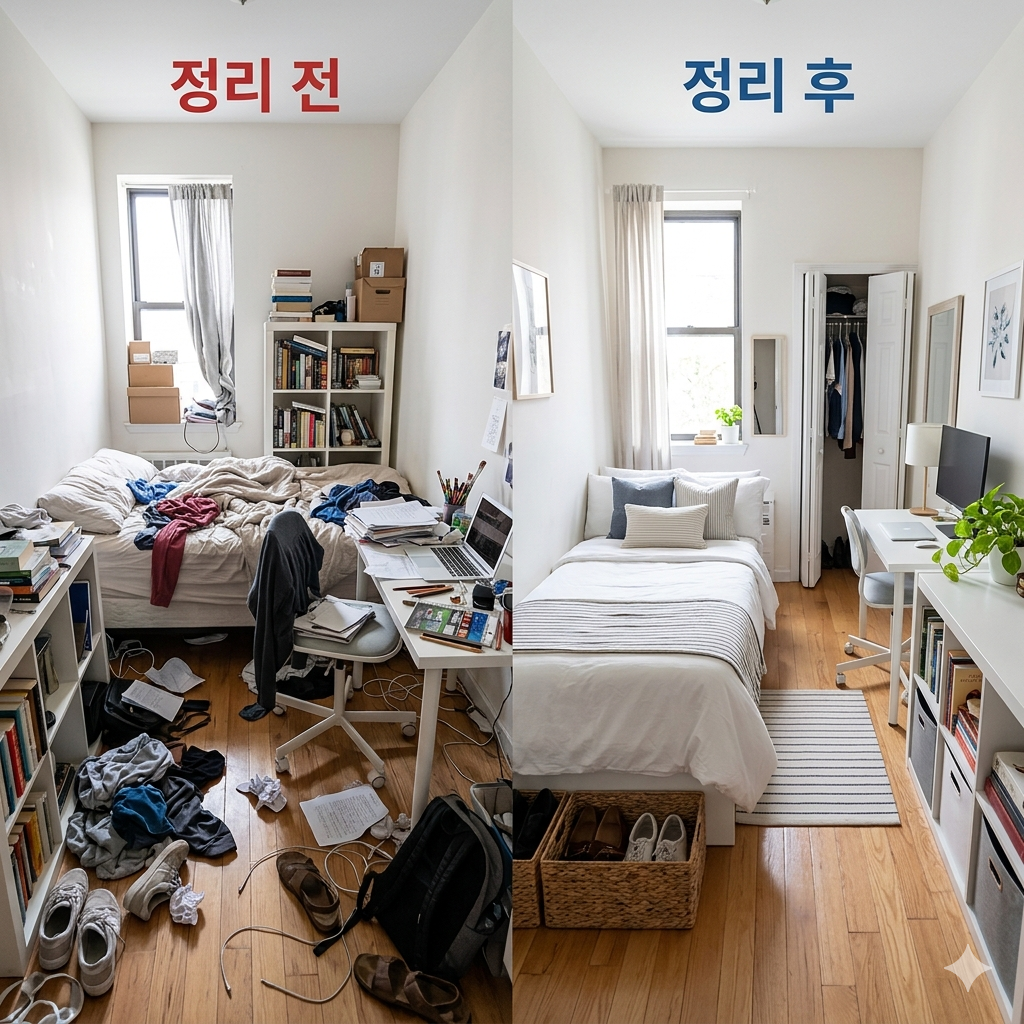 작은방 정리전후 비교 사진 (왼쪽(정리 전) 오른쪽(정리 후))