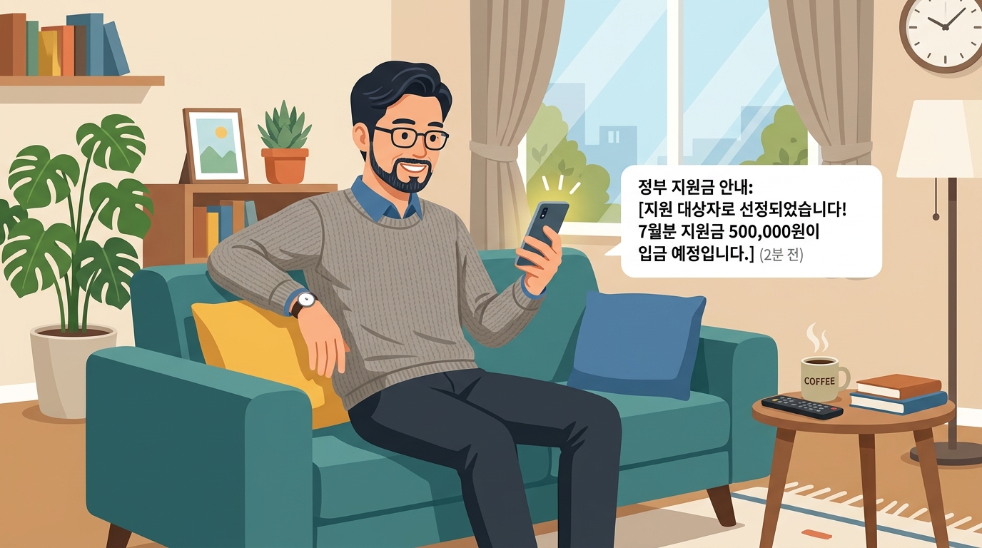 고유가 피해지원금 혜택 안내를 스마트폰으로 확인하는 한국인 남성