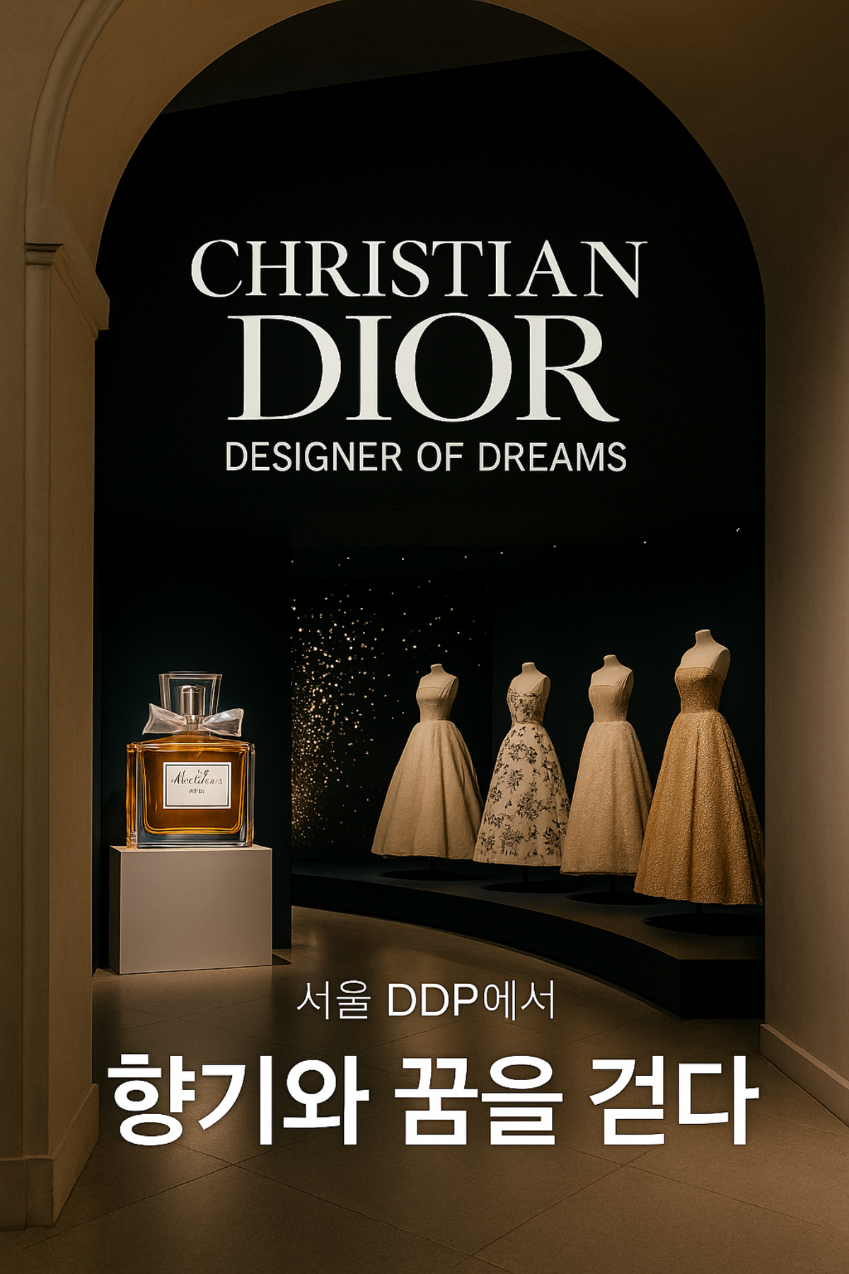 디올 Designer of Dreams 서울 DDP 전시 썸네일 – 향수병과 오트쿠튀르 드레스가 전시된 럭셔리 공간 연출